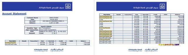 Saudi Arabia Alrajhi Bank account statement Word and PDF, 2 pages